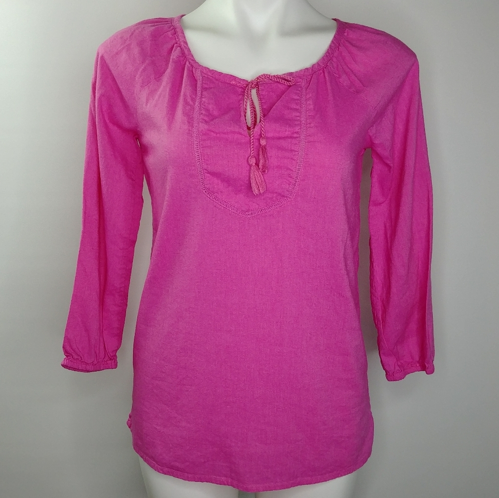 Caribbean Joe hot pink peasant top with tassel tie